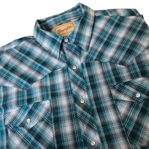 Wrangler Blue Plaid Western‎ Pearl Snap Button Up Shirt Men's Size XL Cowboy